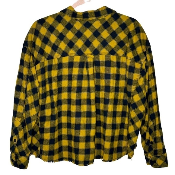 BDG Yellow and Black Plaid High Low Raw Hem Boxy Fit Long Sleeve Button Down Top - Picture 2 of 11